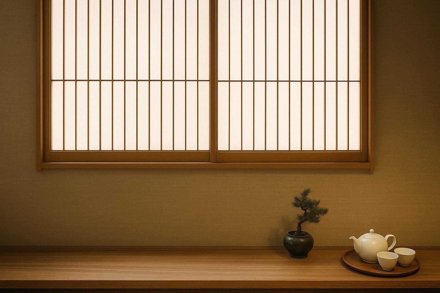 障子越しに光が差し込む和の設え。木の棚に盆栽の鉢と、急須と湯呑を載せた丸盆